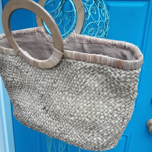 Wicker Bag Woven Purse Wooden Handles Beaded - Picture 5 of 10